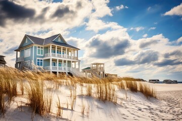 Fototapeta na wymiar In Destin, Florida, you will find stunning white sand dunes adorned with grasses, stretching out in front of charming three story beach houses. These houses boast beautiful facades, featuring