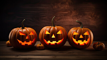 Halloweenkürbisse (Jack o' Lantern) auf Holzhintergrund.