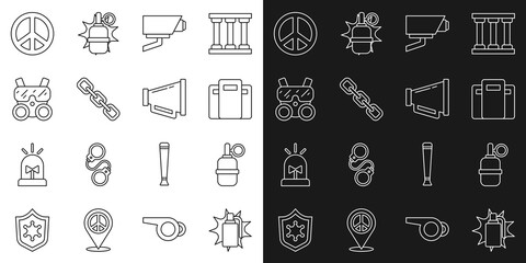 Set line Hand grenade, Police assault shield, Security camera, Chain link, Gas mask, Peace and Megaphone icon. Vector