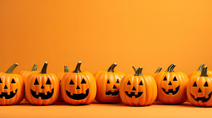 Mehrere Halloweenkürbisse auf orangenem Hintergrund mit Textfreiraum.