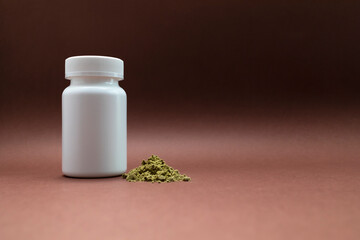 Hemp Protein Powder, White Bottle On Brown Background. Organic Green Super Food, Healthy Lifestyle. Nutritional Supplement, Plant-based, Allergy Friendly Protein, Fiber Horizontal , Copy Space