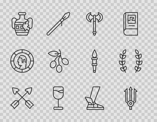 Set line Crossed arrows, Neptune Trident, Medieval axe, Wine glass, Broken amphorae, Olives branch, Hermes sandal and Laurel wreath icon. Vector