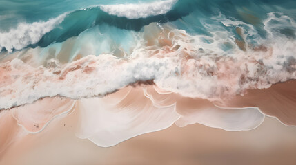 Fototapeta na wymiar Generative AI illustration of a palm beach with sand and waves, in the style of pastel color palette, light orange and azure, photorealistic detail, light white and light pink, shaped canvas, white an