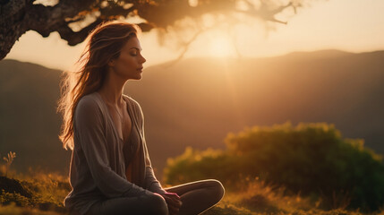 Woman meditating in the sunset