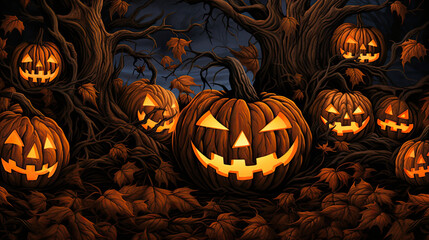Illustrativer Hintergrund mit Halloweenkürbissen (jack-o'-lanterns) in einem Wald.