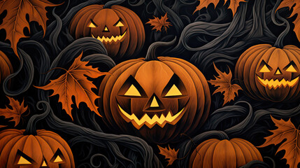Illustrativer Hintergrund mit Halloweenkürbissen (jack-o'-lanterns) zwischen verschlungenen Bäumen und Herbstblättern.