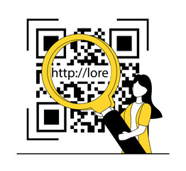 QR code. A woman points a magnifying glass at a qr code and sees a link to a website