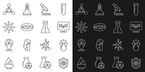 Set line Shield protecting from virus, Chemical explosion, formula for H2O, Microscope, Petri dish with bacteria, Bacteria, Molecule and Test tube and flask icon. Vector