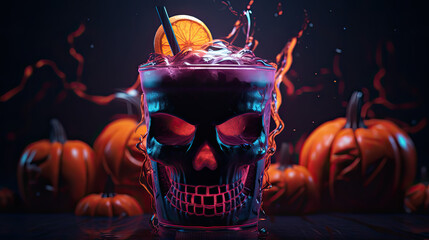 Halloweencocktail im Totenkopfglas. Kürbisse im Hintergrund.