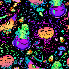 Seamless vector pattern with cute cats and Halloween theme