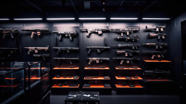 Modern interior of gun shop. Futuristic arsenal that offers a choice of advanced weaponry options