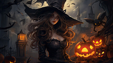 Illustrativer Hintergrund für Halloween mit einer Hexe und leuchtenden Halloweenkürbissen ( jack-o'-lanterns).