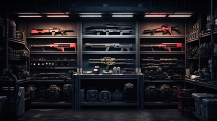 Modern interior of gun shop. Futuristic arsenal that offers a choice of advanced weaponry options