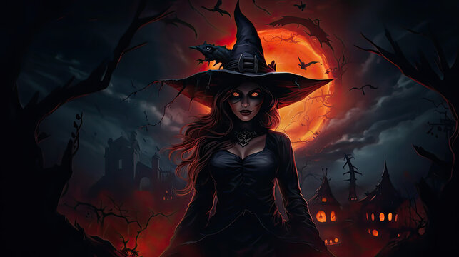 Illustrativer Hintergrund f&uuml;r Halloween mit einer Hexe und Flammenmond.