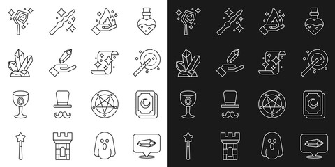 Set line Magic stone, Tarot cards, wand, Hand holding fire, staff and scroll icon. Vector