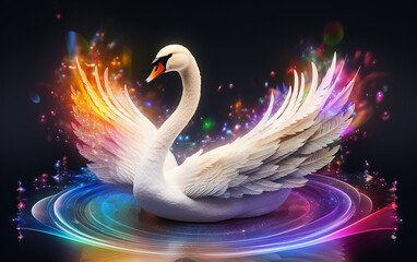 Swan, graceful and beautiful. A white swan, glowing brightly, is immersed in a captivating array of colorful lights, evoking a surreal and fantasy ambiance.   Generative AI