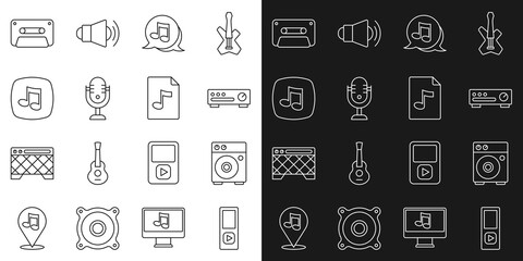 Set line Music player, Guitar amplifier, Sound mixer controller, note, tone, Microphone, Retro audio cassette tape and MP3 file document icon. Vector