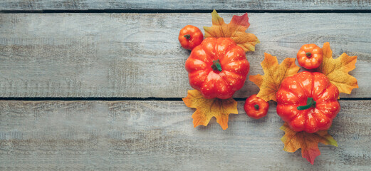 Orange pumpkin. Autumn composition. Autumn, fall, halloween, thanksgiving concept. Flat lay, top view, copy space