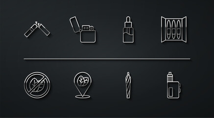Set line Broken cigarette, No tobacco leaf, Cigar, Marijuana joint, spliff, Tobacco, Lighter, Vape mod device and liquid bottle icon. Vector