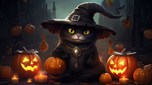 Illustrativer Hintergrund zu Halloween. Eine schwarze Katze mit einem Hexenhut auf, umgeben von Halloweenk&uuml;rbissen (jack-o'-lanterns). 