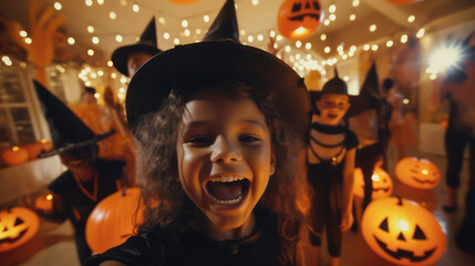 Lachendes kleines Mädchen im Hexenkostüm auf einer Halloweenparty für Kinder. 
