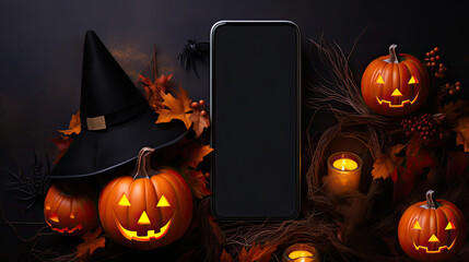 Smartphone mit leerem Bildschirm als Designvorlage mit Dekoration für Halloween. Smartphone Halloween Mockup.