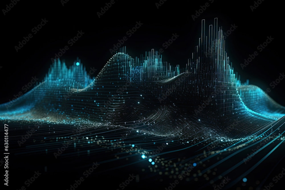 Poster abstract blue lines and luminous dots intertwining on a digital surface, symbolizing the concept of 