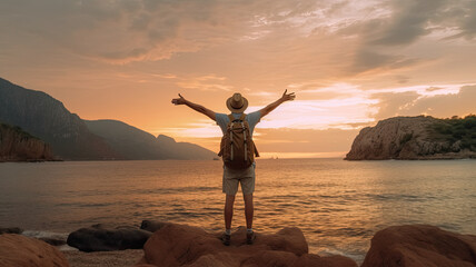 Happy man wearing hat and backpack raising arms up on the beach at sunset - obrazy, fototapety, plakaty