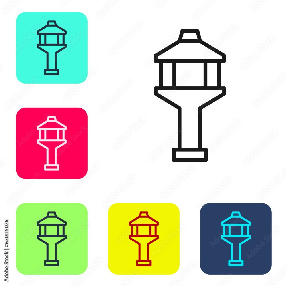 Poster black line airport control tower icon isolated on white background. set icons in color square button
