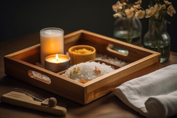 Obraz na płótnie Canvas Spa treatment and relax aromatherapy in a tray in a room for luxury or wellness on wooden tray. Health and massage, candle, skincare, spa or relaxation concept. Generative AI Technology