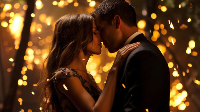 Newlyweds couple dancing, cuddling, kissing amidst sparkling lights. Generative AI
