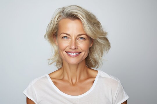 a clean studio portrait of a middle-aged caucasian woman with blond silver hair in white t-shirt looking into the camera smiling, grey background. Generative AI technology