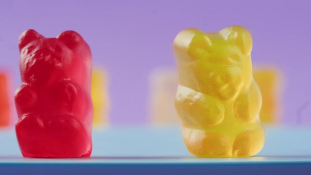 Jelly marmalade cola bottle bear close up, Confiture Bean candy jujube Marmalade bears with cod cannabis close up. 