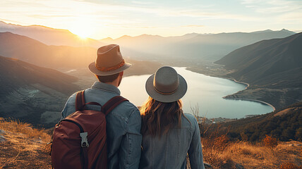 Couple with a hat and backpack looking at the mountains and lake from the top of a mountain,generative ai - obrazy, fototapety, plakaty