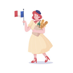 A typical French woman in a blue beret and dress holds the flag of France in her hands a female character in clothes learns a foreign language tourism. Cartoon people vector illustration