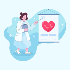 Cardiology. Checking heart health and cardiovascular pressure. Vector illustration in flat style