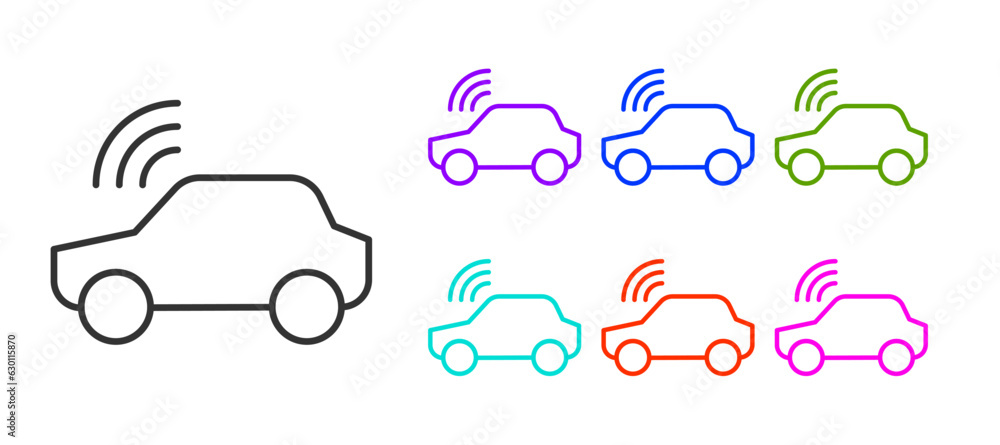 Poster black line smart car system with wireless connection icon isolated on white background. remote car c