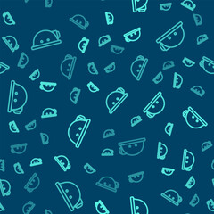 Green line Miner helmet icon isolated seamless pattern on blue background. Vector