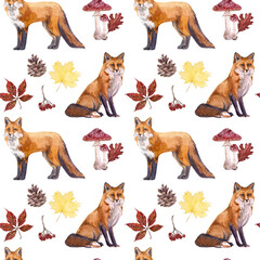 Watercolor seamless pattern with foxes and autumn leaves.Red fox and rowan, fly agaric, leaves, cone, forest nature. Print for the design of textiles, wrapping paper, children's products.