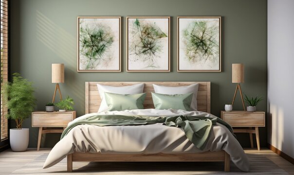 Scandinavian style bedroom mockup in beige tones