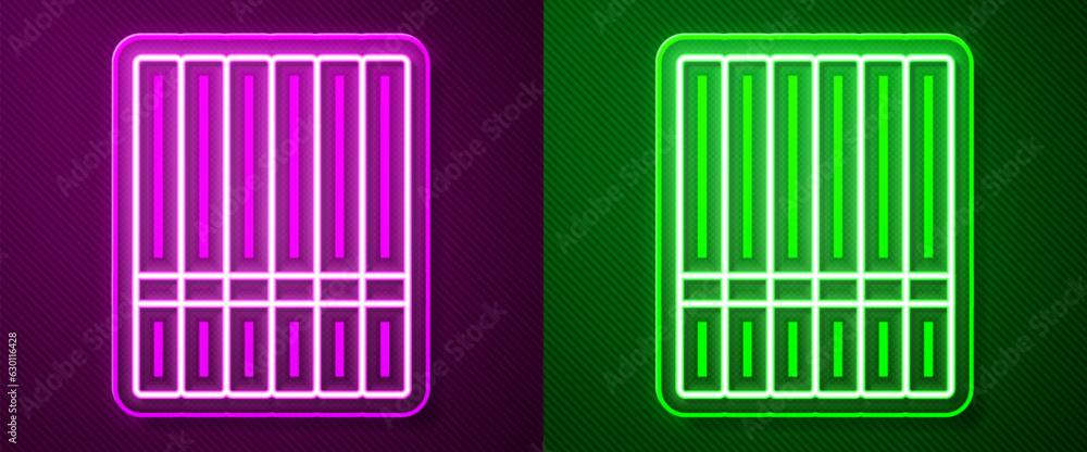 Sticker Glowing neon line Cigarette icon isolated on purple and green background. Tobacco sign. Smoking symbol. Vector