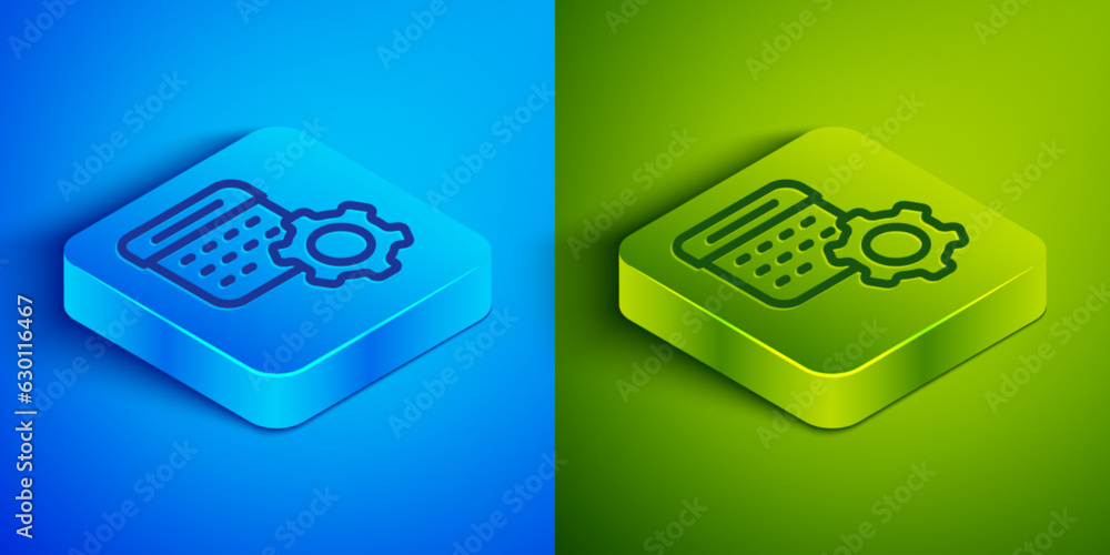 Poster isometric line calendar settings icon isolated on blue and green background. date settings. square b