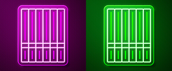 Glowing neon line Cigarette icon isolated on purple and green background. Tobacco sign. Smoking symbol. Vector