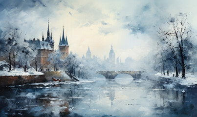 Fototapeta premium Winter background with texture and distressed vintage grunge and watercolor