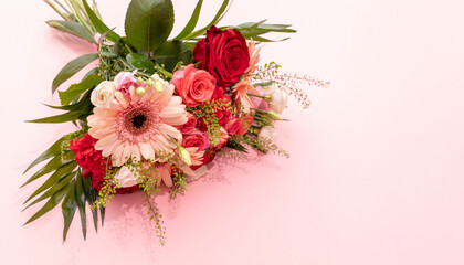 Real Beautiful Fresh Bouquet Of Flowers On Pink Background. Colorful Mixed Roses, Carnation Shabot,...