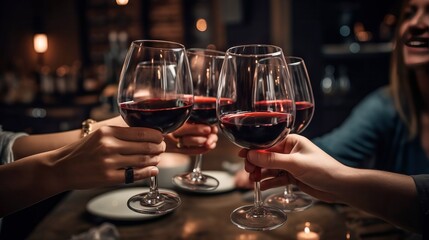 Friends drinking red wine, created with Generative AI technology.
