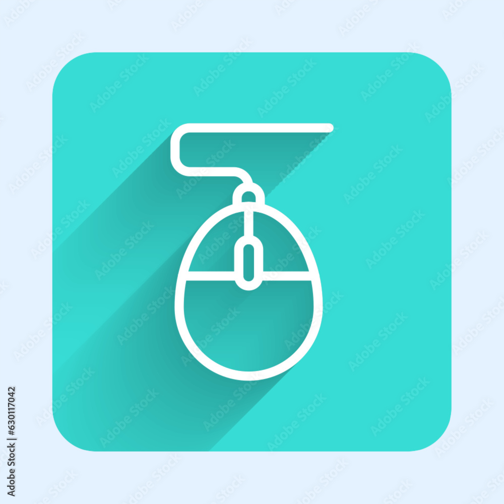 Poster white line computer mouse gaming icon isolated with long shadow background. optical with wheel symbo