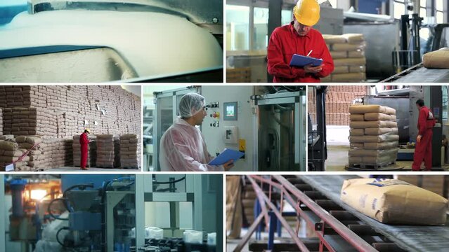 Sugar Production, Packaging and Warehouse Management - Conceptual Multi Screen Video. Sugar Warehouse Worker at Work. Sugar Bag Palletizing and Pallet Wrapping. Sugar Factory. Sugar Packaging Line.