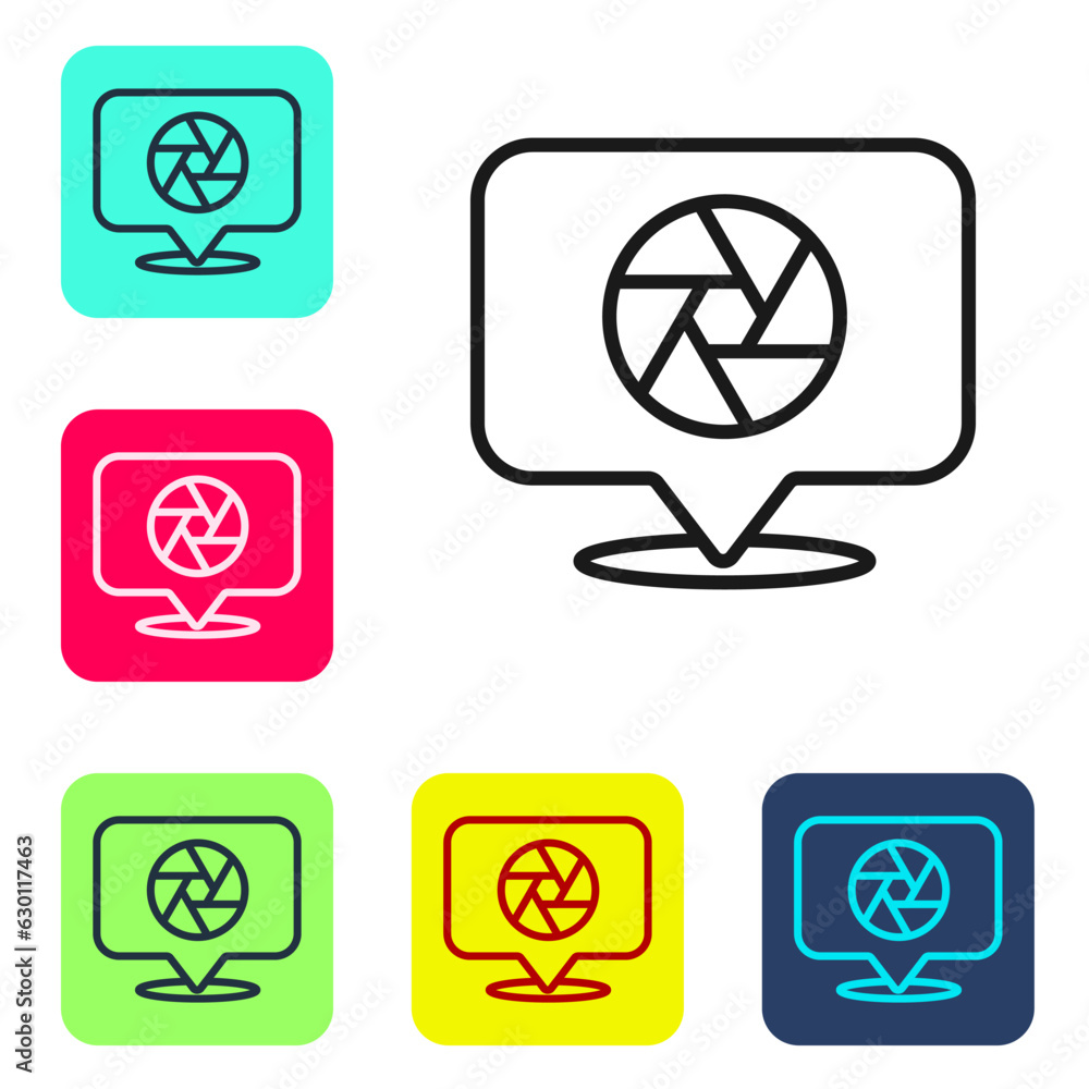 Poster black line camera shutter icon isolated on white background. set icons in color square buttons. vect