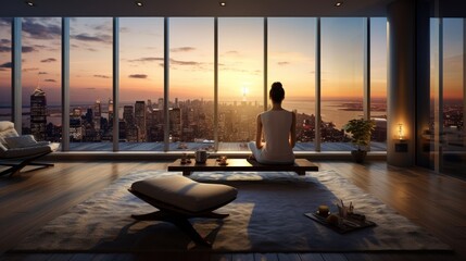A scene of a successful entrepreneur practicing yoga in the expansive living room of a penthouse apartment, with floor-to-ceiling windows revealing a breathtaking cityscape.